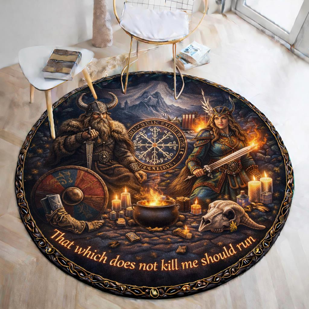 Round black Viking rug with Odin, Freyja, runes, and a "That which does not kill me should run" quote.