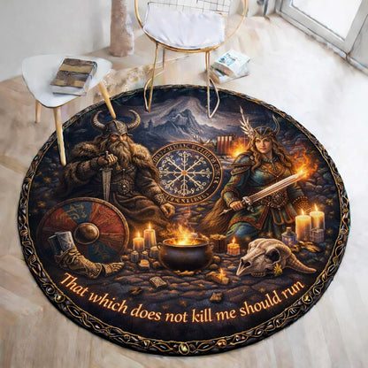 Round black Viking rug with Odin, Freyja, runes, and a "That which does not kill me should run" quote.