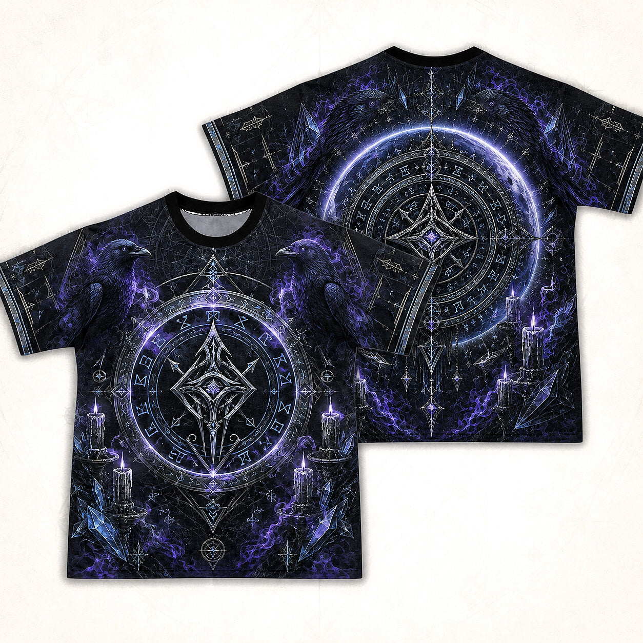 Runic Sigil Circle T-Shirt Raven Candle Cosmic Occult Tee front and back together