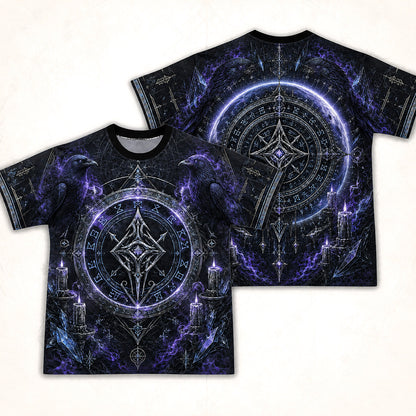 Runic Sigil Circle T-Shirt Raven Candle Cosmic Occult Tee front and back together