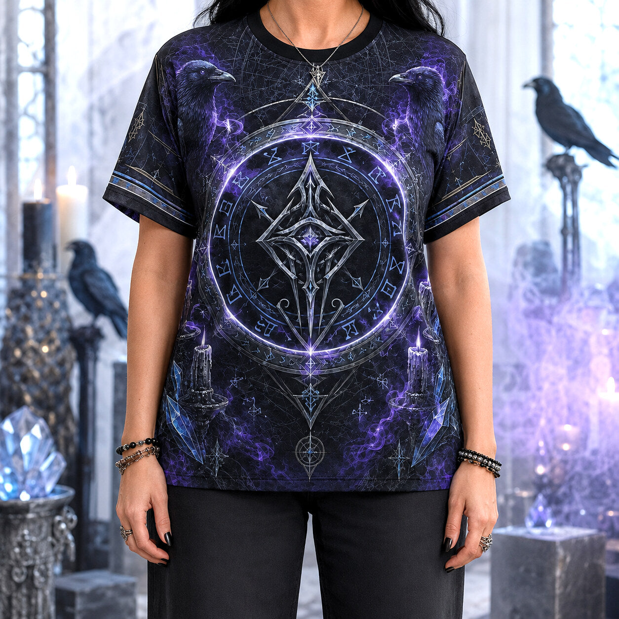 Runic Sigil Circle T-Shirt Raven Candle Cosmic Occult Tee worn, front view