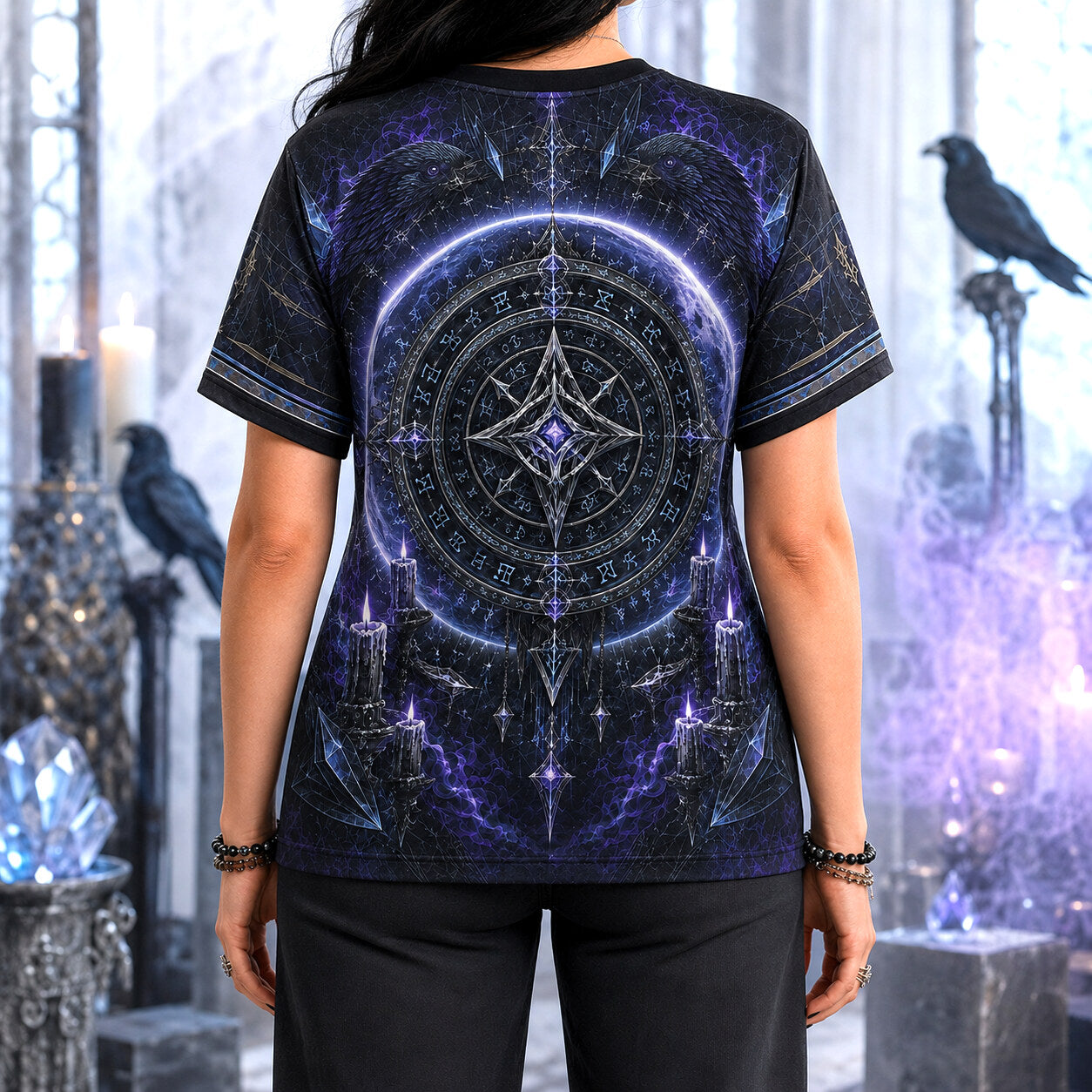 Runic Sigil Circle T-Shirt Raven Candle Cosmic Occult Tee worn, back view