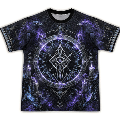 Runic Sigil Circle T-Shirt Raven Candle Cosmic Occult Tee front view