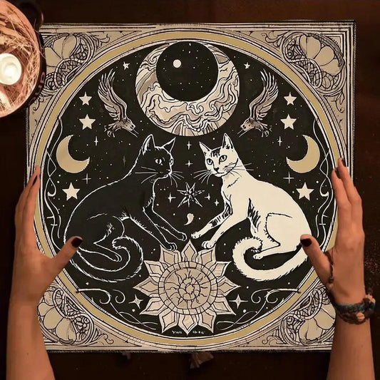 Mystical Moon Cats Altar Cloth With Floral Starry Sky Divination Tarot Table Cloth Witch Home Decor
