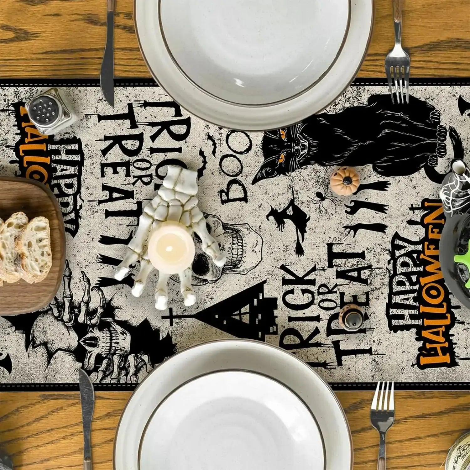 Halloween Gothic Skull Linen Table Runner Witch Table Decor Halloween Decoration-MoonChildWorld