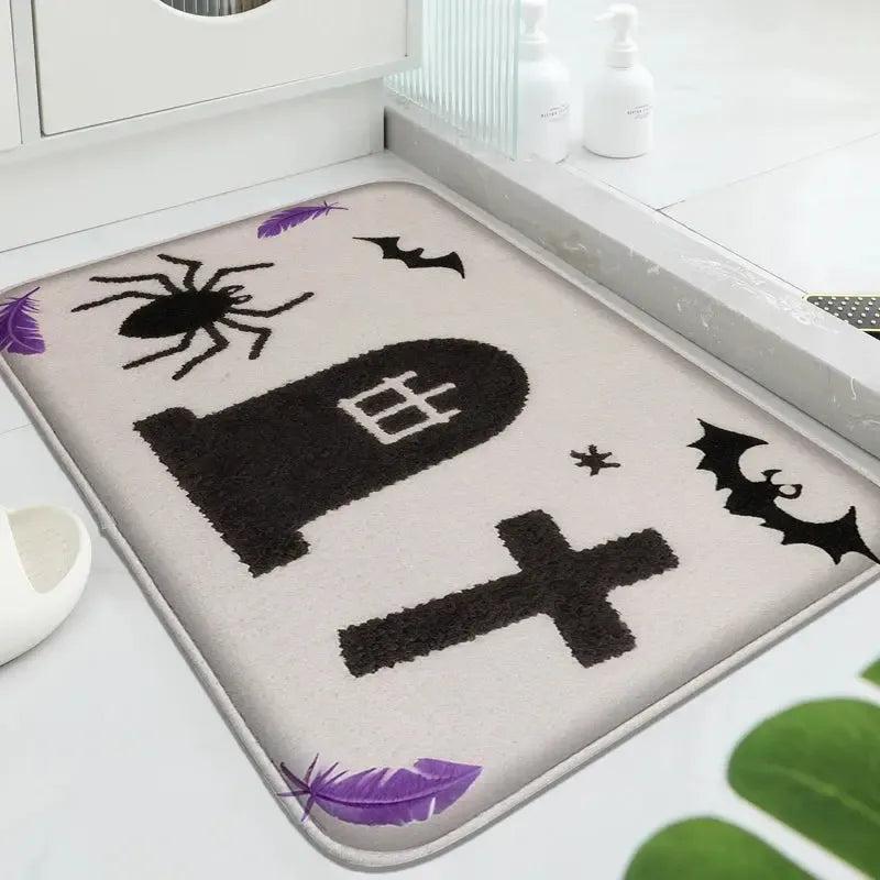 Gothic Doormat Witch Welcome Mat - Spooky Halloween Decor with Black Cat, Bat, Spider and Cute Ghost-MoonChildWorld