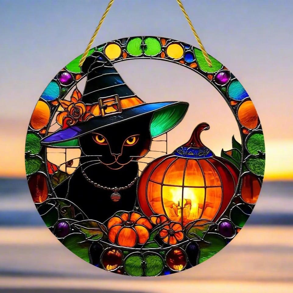 Witch Black Cat Suncatcher Halloween Acrylic Round Sign-MoonChildWorld