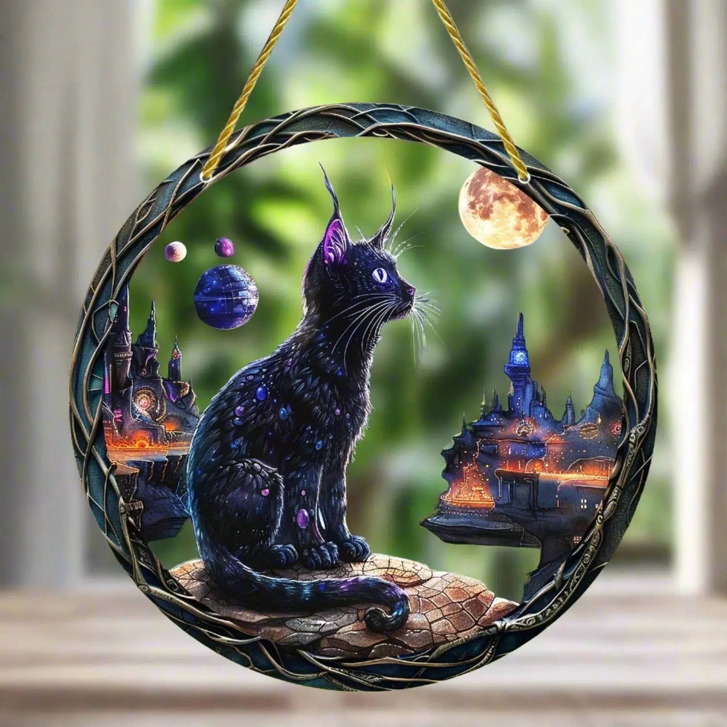 Moon Cat Suncatcher Black Cat Acrylic Round Sign Witchy Window Hanging Decor-MoonChildWorld