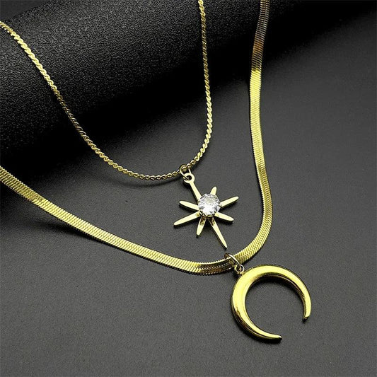 Witchcraft Crescent Moon Rhinestone Star Double-layer Choker Necklace