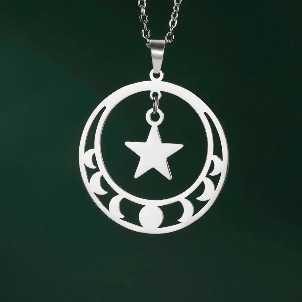 Star Moon Phase Necklace Wiccan Pentagram Lunar Moon Jewelry-MoonChildWorld