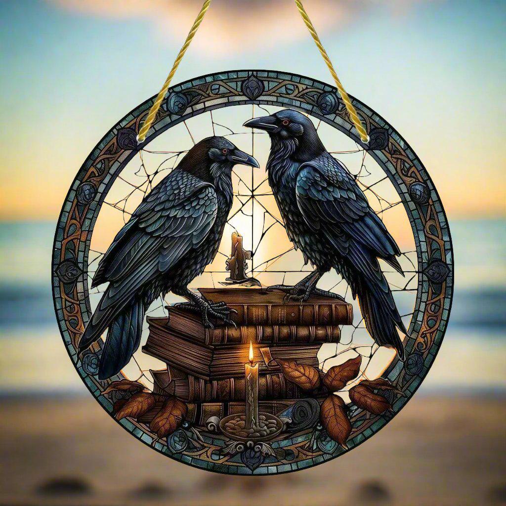 Spell Book and Dark Raven Suncatcher Crow Window Hanging Gothic Crow Suncatcher-MoonChildWorld