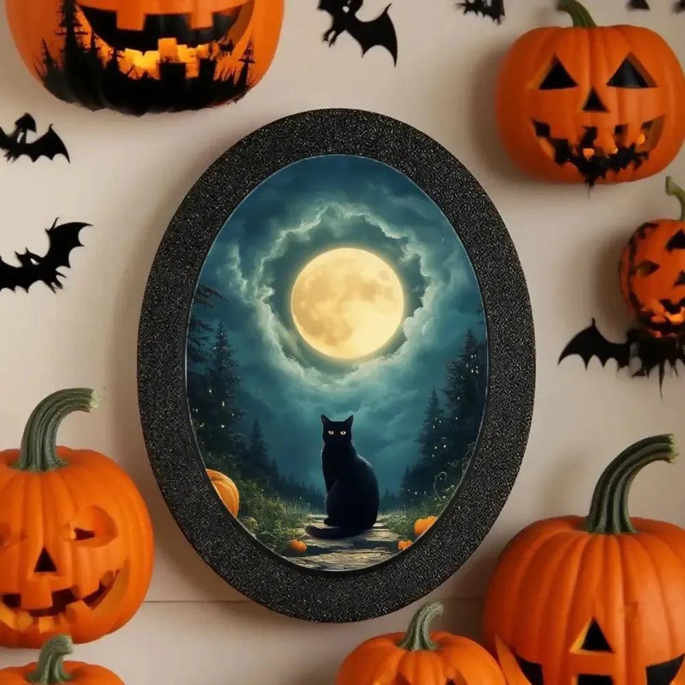 Moonlit Black Cat Wooden Oval Frame - Gothic Oval Wall Art - Spooky Halloween Wall Decoration-MoonChildWorld
