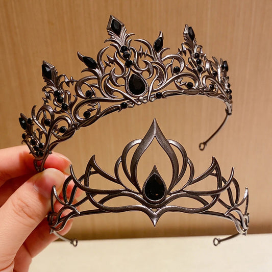 Set 2pcs Black Crystal Crown Gothic Mysterious Headpieces Witchy Hair Accessories for Halloween