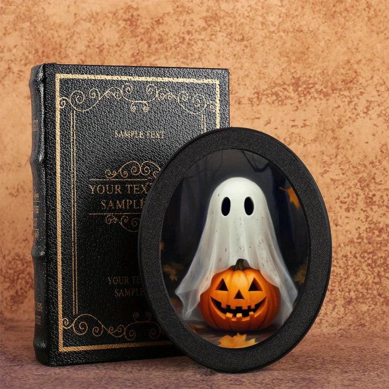 Spooky Ghost with Pumpkin Wooden Oval Frame - Gothic Oval Wall Art Halloween Wall Decoration-MoonChildWorld