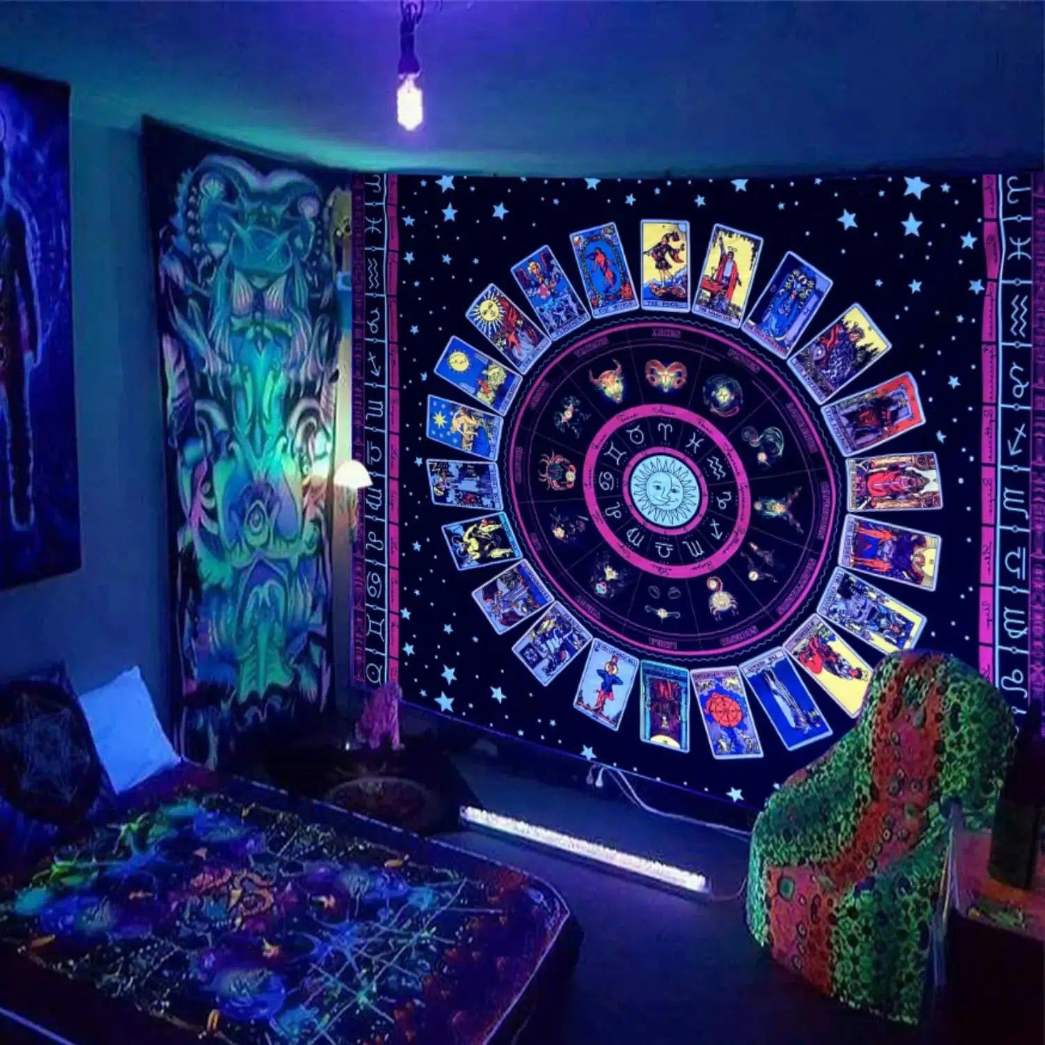 Wheel Of The Pagan Tapestry Blacklight Astrology Tarot UV Tapestry-MoonChildWorld