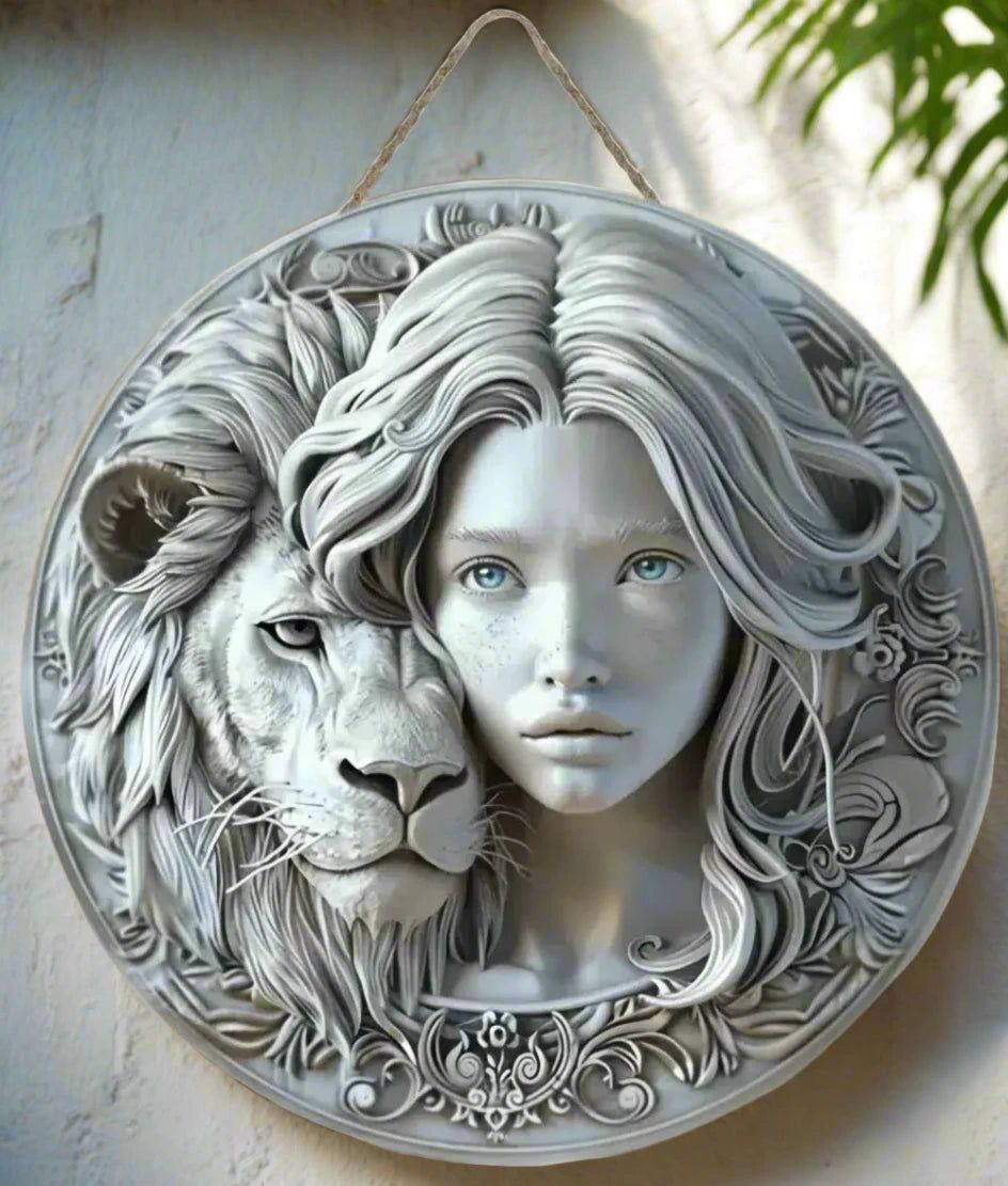 White Lion and Goddess Wooden Sign Mystic Hanging Sign-MoonChildWorld