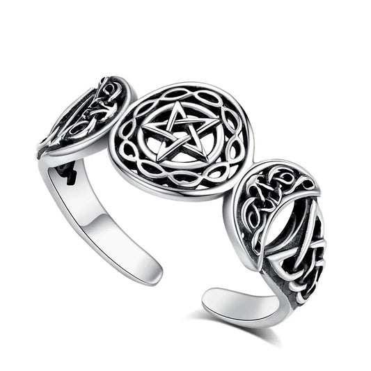 925 Sterling Silver Triple Moon Goddess Pentagram Ring Celtic Knot Adjustable Ring Wicca Pagan Jewelry