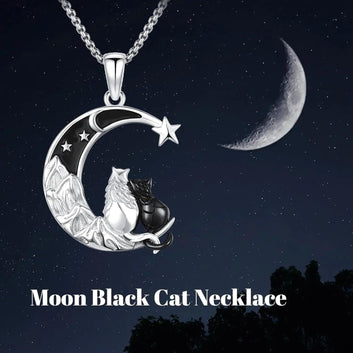 Cute Cats Necklace 925 Sterling Silver Magic Moon Cat Necklace Witchy Jewelry