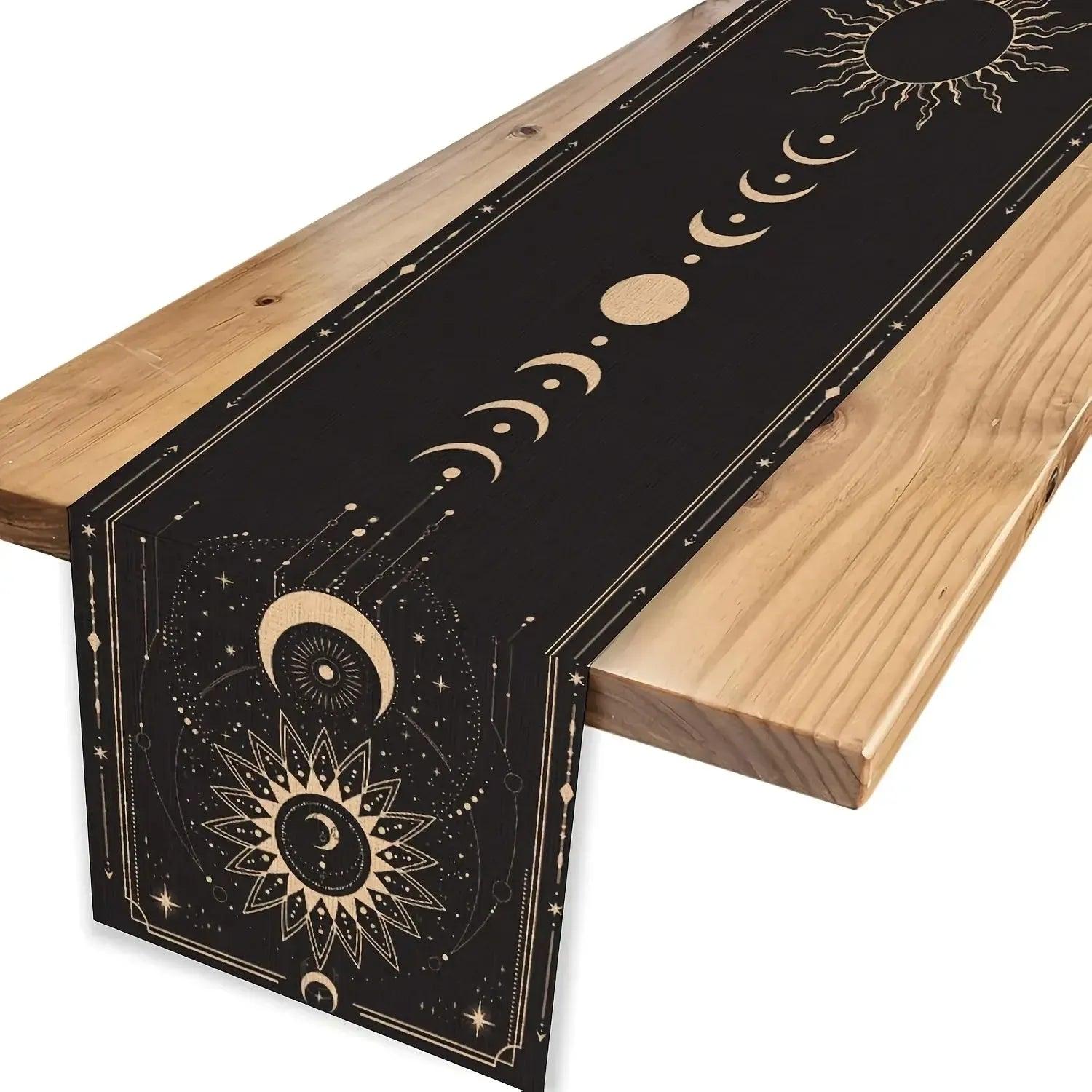 Black and Gold Moon Phase Table Runner for Wicca Table Decor-MoonChildWorld