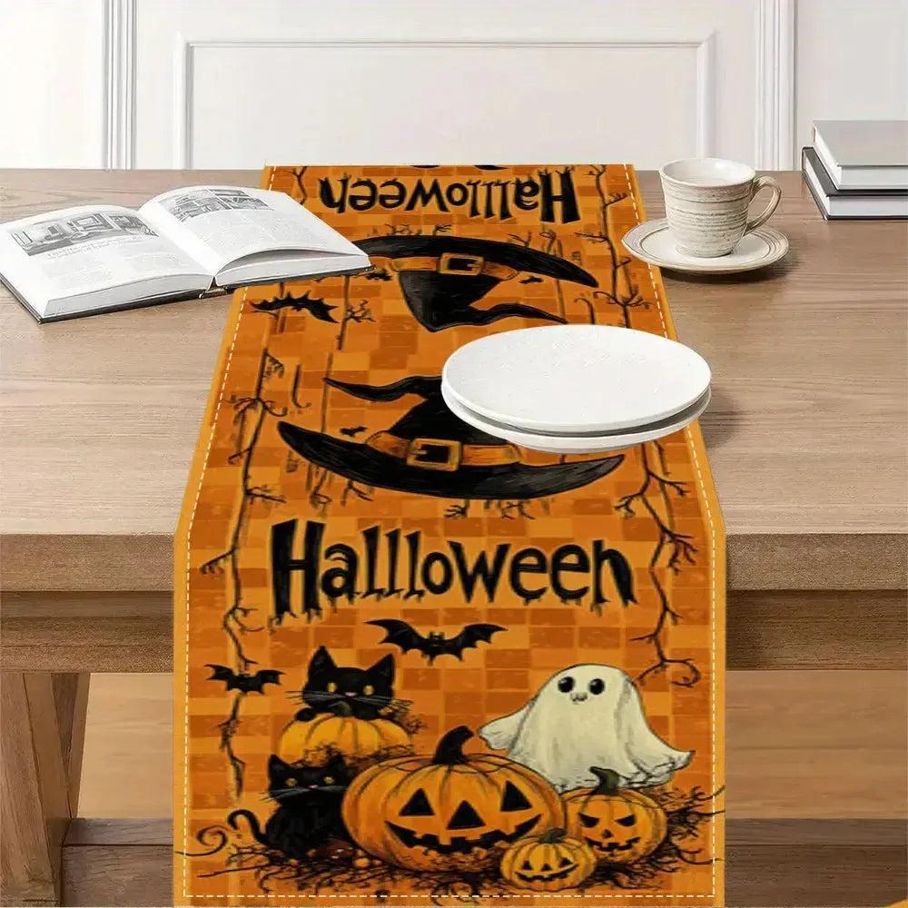Halloween Table Runner with Black Cat, Ghost, Pumpkin - Gothic Witchy Table Runner-MoonChildWorld