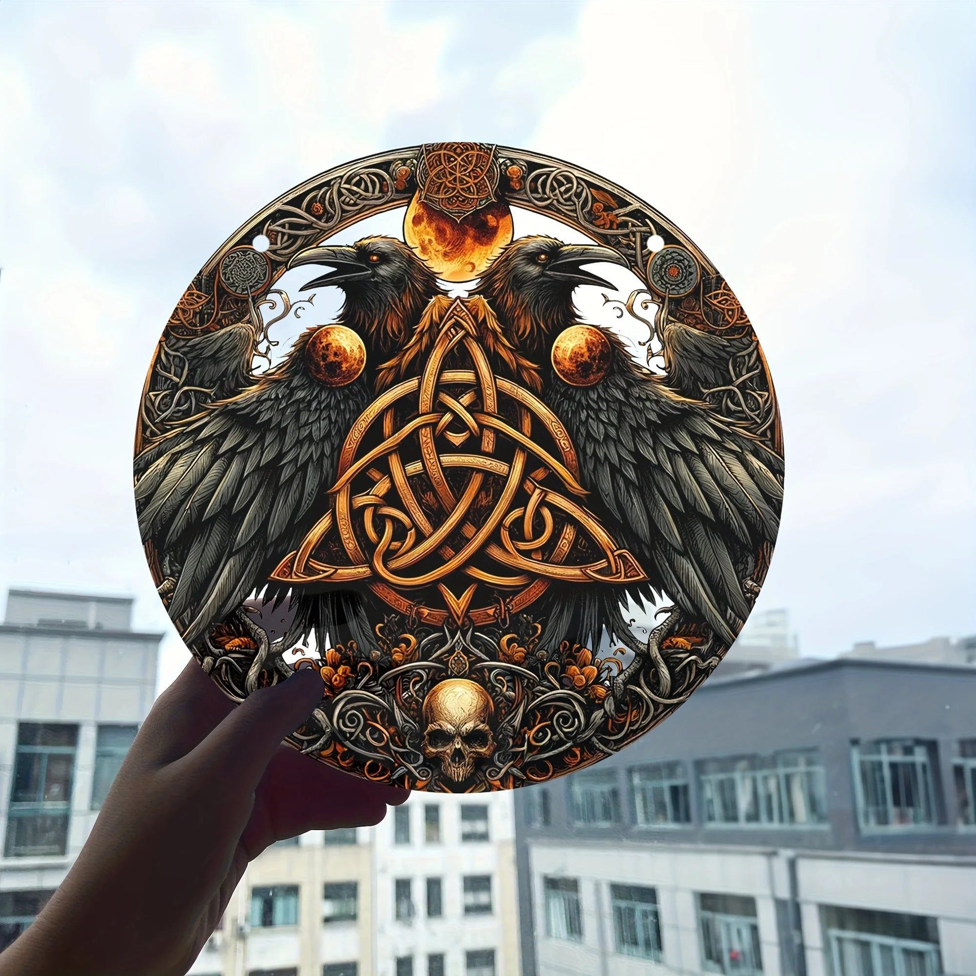 Celtic Dark Crow Suncatcher Black Raven Witchy Acrylic Round Sign Halloween Decor-MoonChildWorld