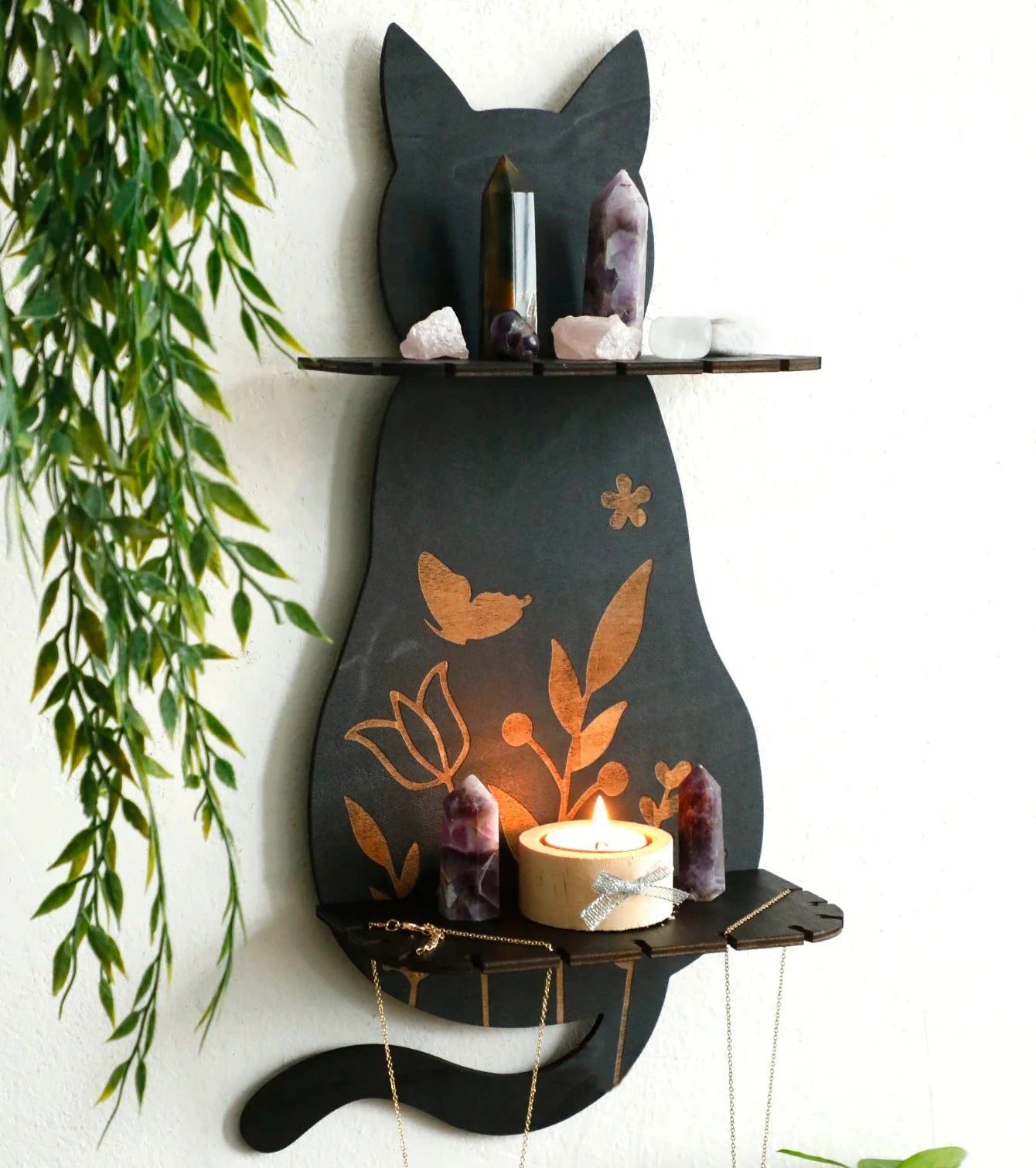 Flower Black cat Crystal Shelf Display Witchy Home Decorations Black Cat Wooden Wall Shelf-MoonChildWorld