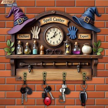 2D Magic Wizard Key Holder 4 Metal Hooks - Witch Wood Key Rack