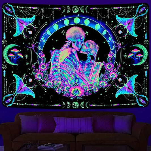 Blacklight Tapestry UV Reactive Skeleton Witch Tapestry Gothic Wall Hanging for Halloween Decor