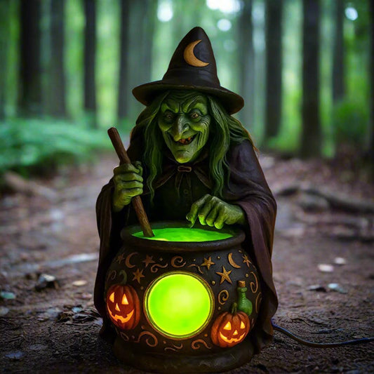Halloween Witch Cauldron LED Lamp with Eerie Green Glow - Spooky Witch Brewing Pot Night Light