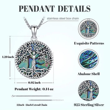 925 Sterling Silver Tree of Life Necklace Abalone Shell Celtic Knot Pagan Jewelry