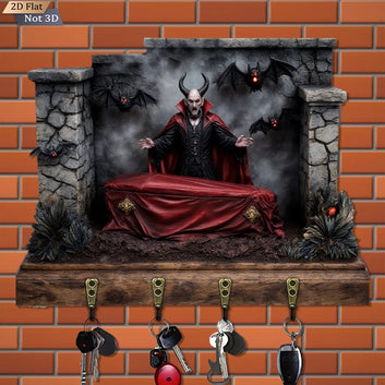 2D Gothic Vampire and Bat Key Holder 4 Metal Hooks - Halloween Wood Key Rack Home Decor