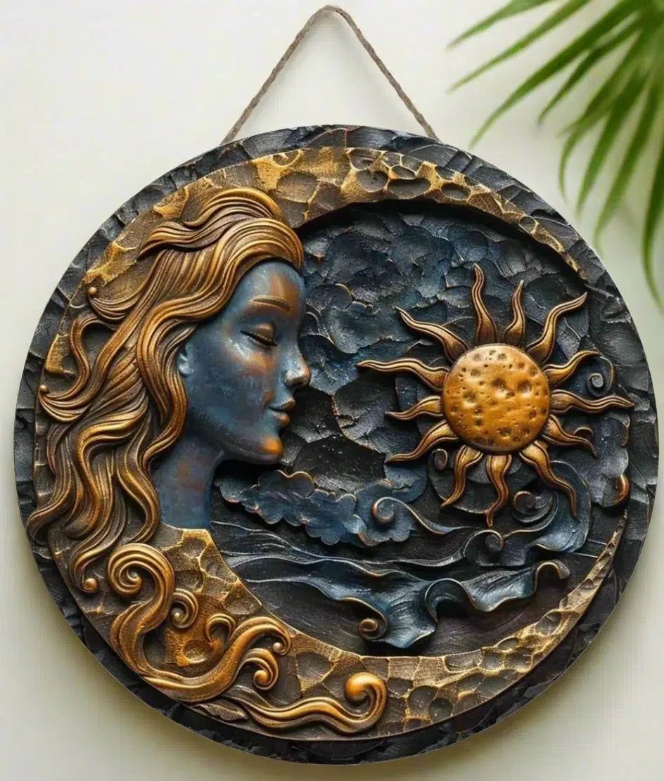 Sun and Moon Wooden Sign Celestial Goddess Hanging Sign-MoonChildWorld