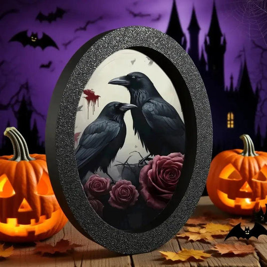 Dark Crows Gothic Wooden Oval Frame - Witchy Ravens Oval Wall Art - Halloween Wall Decoration