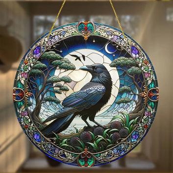 Moon Raven Suncatcher Witchy Crow Acrylic Round Sign Gothic Home Decor