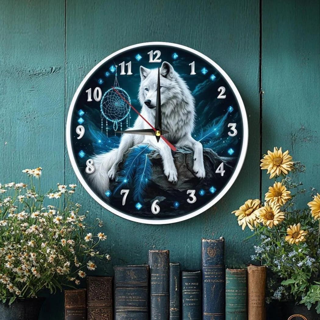 Boho White wolf and dreamcatcher Wooden Wall Clock for Wolf Home Decor-MoonChildWorld