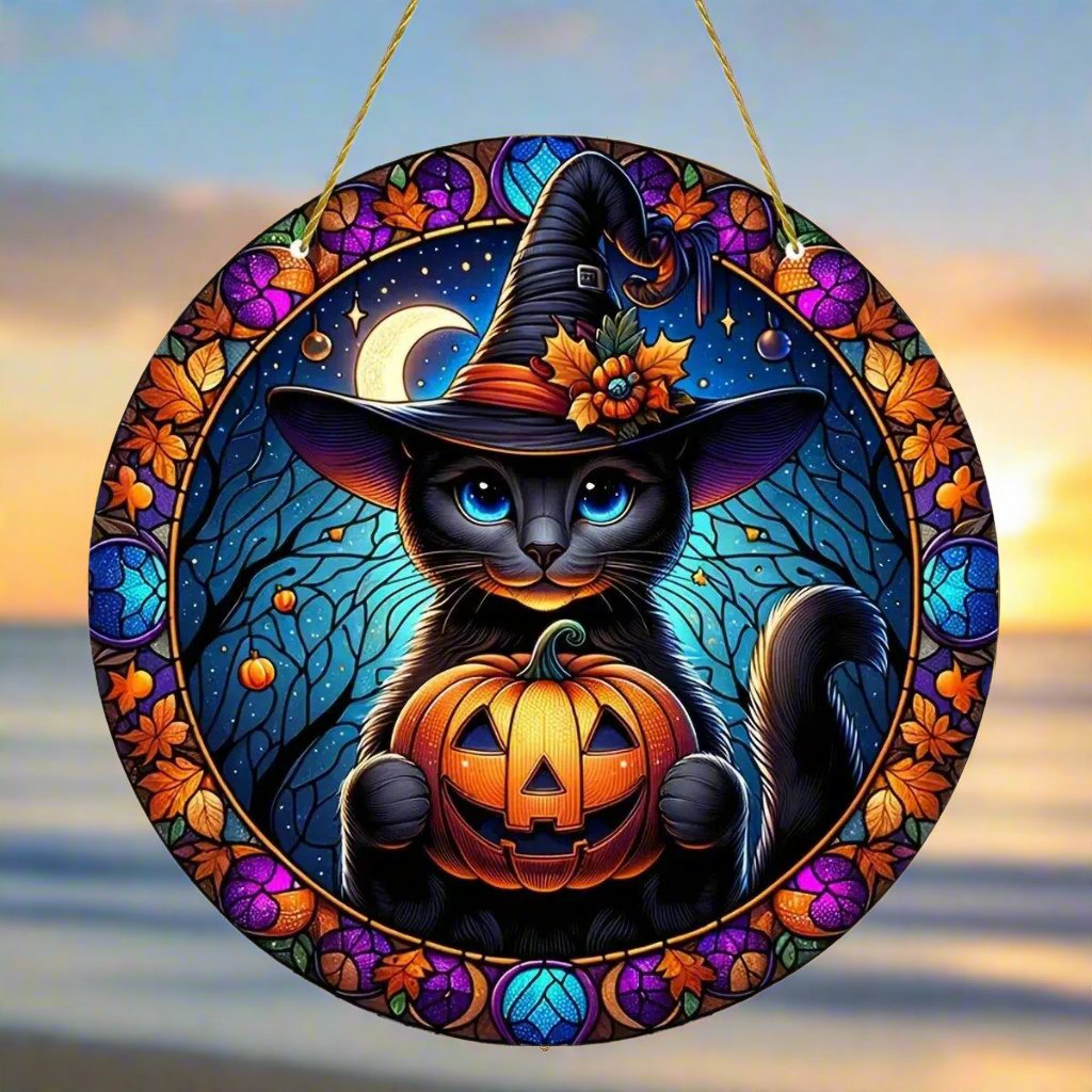 Halloween Cat Suncatcher Pumpkin and Black Cat Hanging Ornament Window Decorations-MoonChildWorld