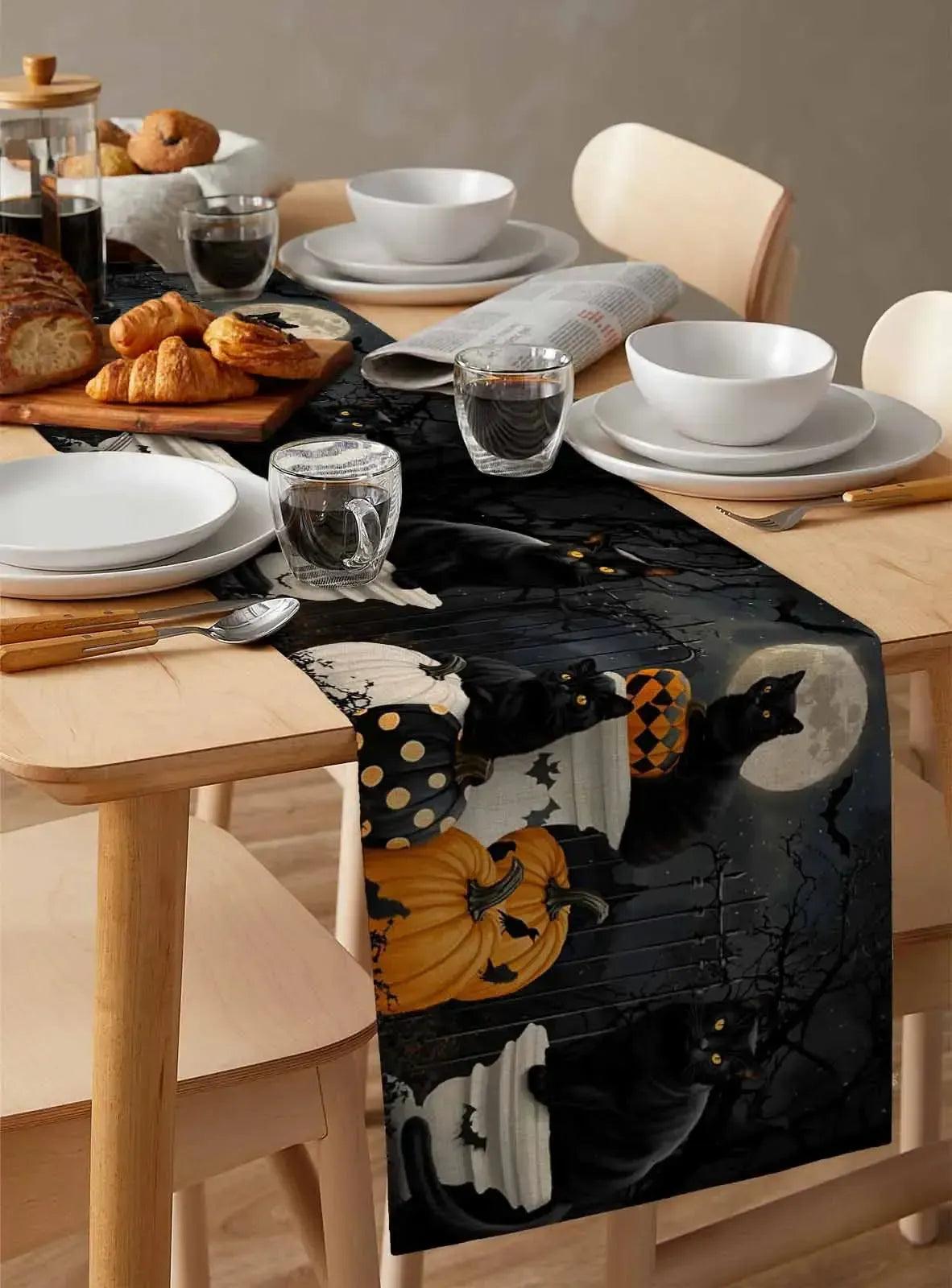 Vintage Pumpkin Black Cat Halloween Table Runner - Spooky Table Runner for Witchy Table Decor-MoonChildWorld
