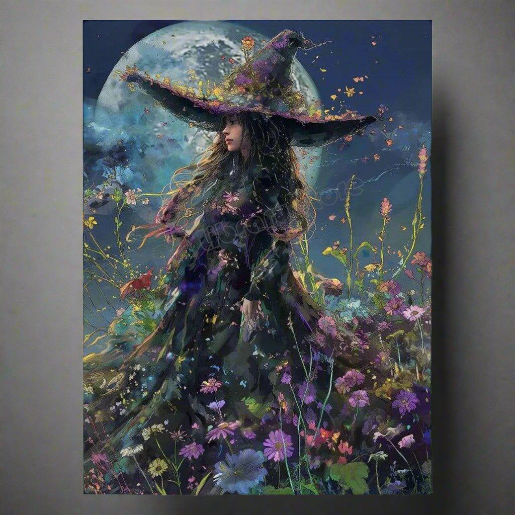 Halloween Full Moon Dark Witch in Wildflowers Mystical Witch Poster Wall Art-MoonChildWorld