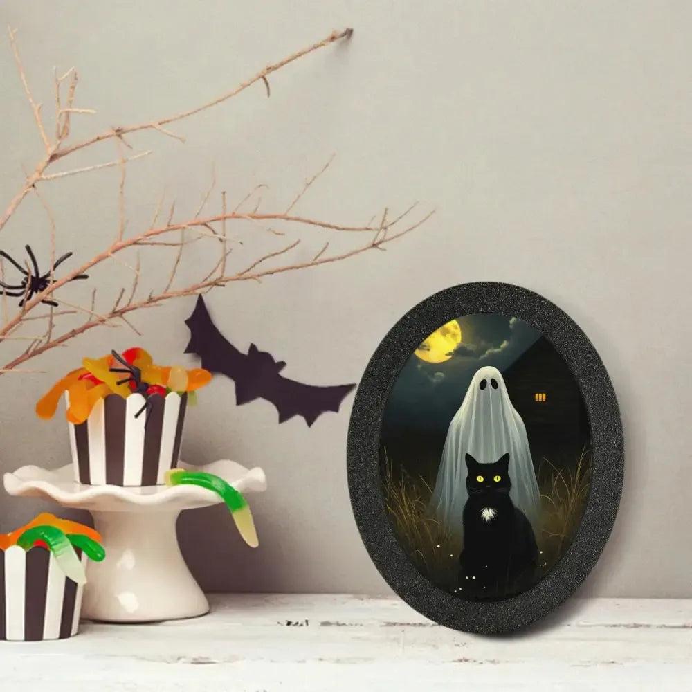 Black Cat and Spooky Ghost Gothic Wooden Oval Frame - Witchy Oval Wall Art for Halloween Wall Decoration-MoonChildWorld