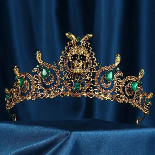 Rhinestones & Crystal Dark Halloween Crown - Gothic Snake Skull Tiaras Witch Hair Accessories