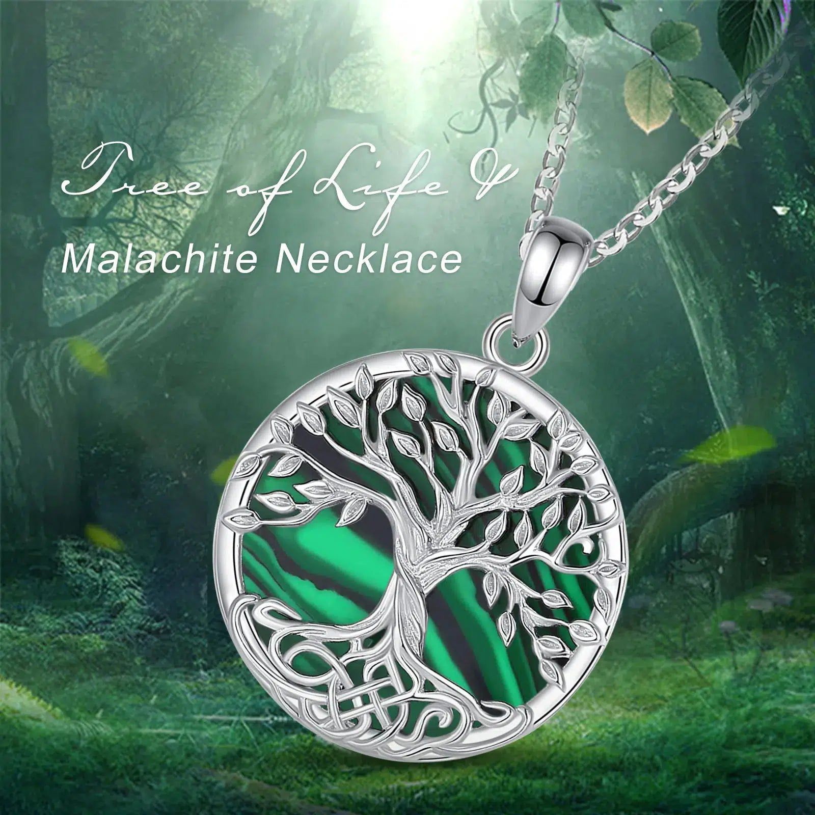 Pagan Celtic Tree of Life Necklace Malachite Natural Stone Jewelry-MoonChildWorld