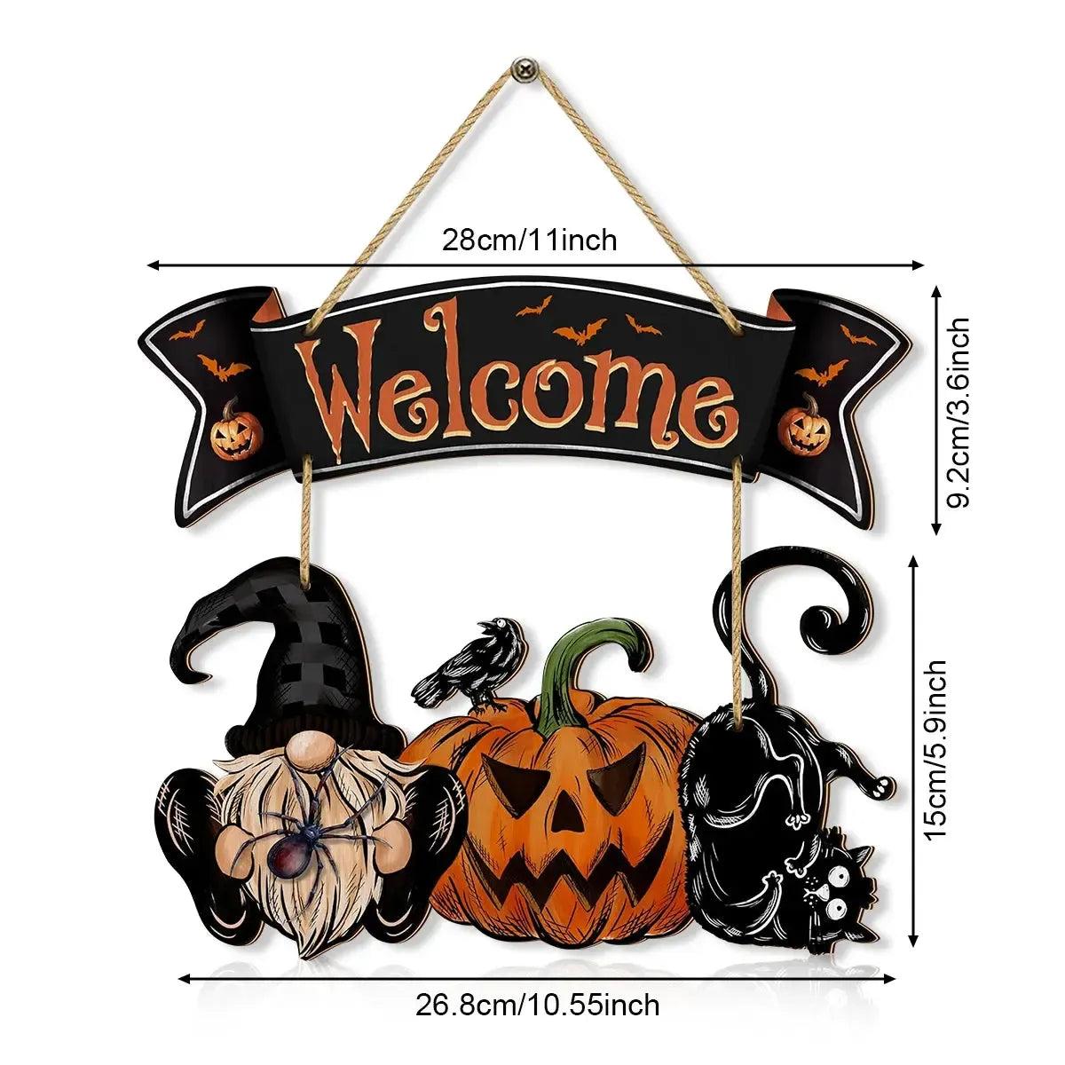 Halloween Hanging Decoration - Gnome Pumpkin Black Cat and Bat Welcome Sign - Witchy Wooden Sign for Gothic Home Decor-MoonChildWorld