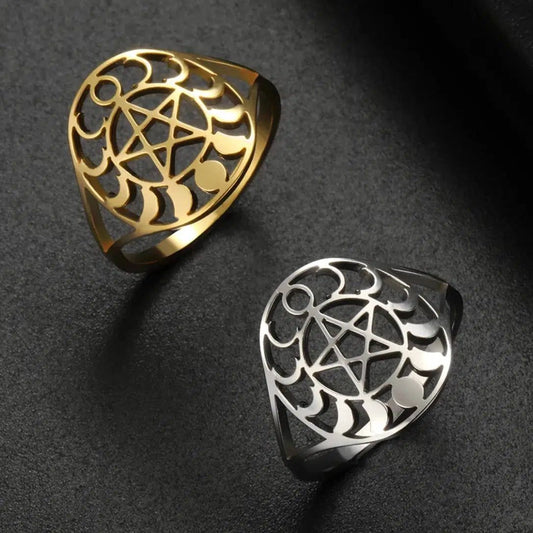 Moon Phases Pentagram Ring Wiccan Jewelry