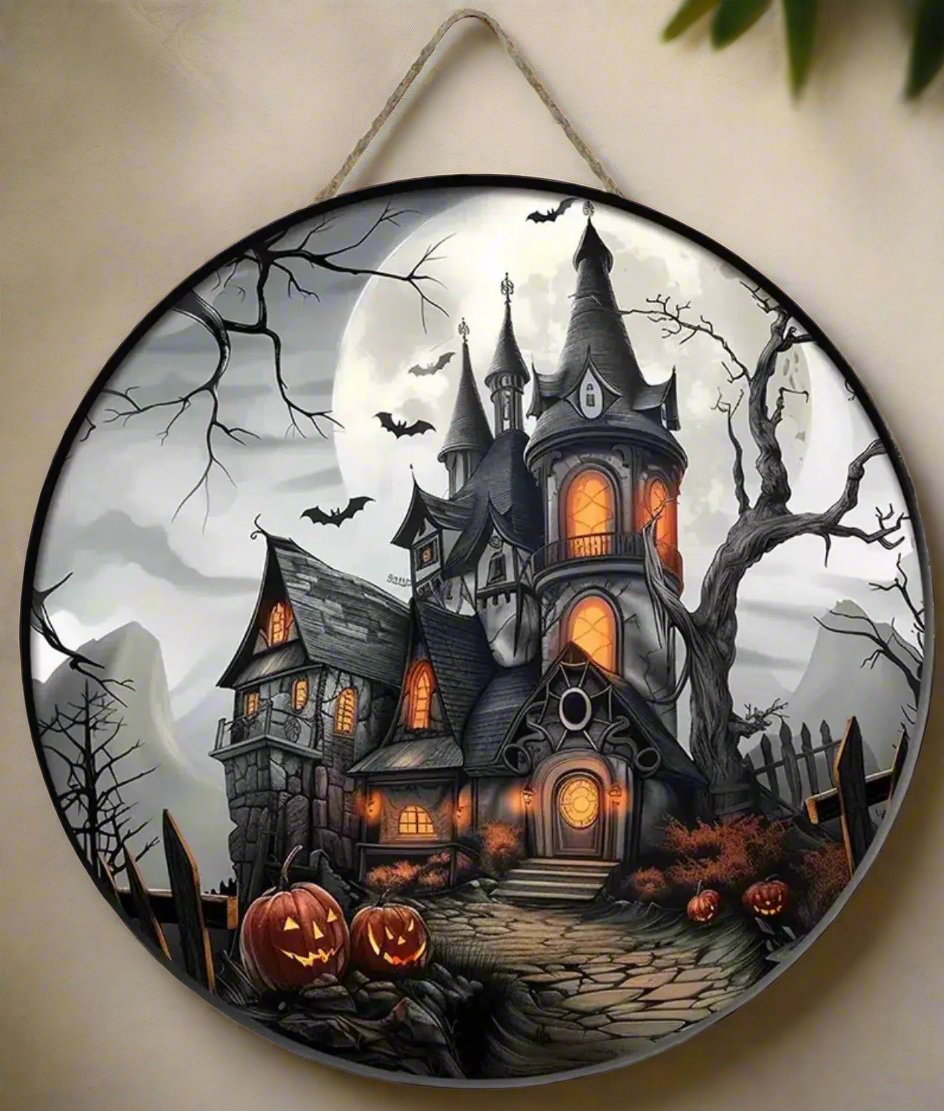 Gothic Haunted House Wooden Sign Witchy Hanging Sign for Halloween-MoonChildWorld