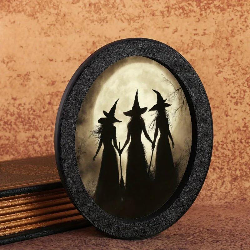 Halloween Witch Silhouette Wall Art - Moon Witch Wooden Oval Frame - Gothic Wall Decoration-MoonChildWorld