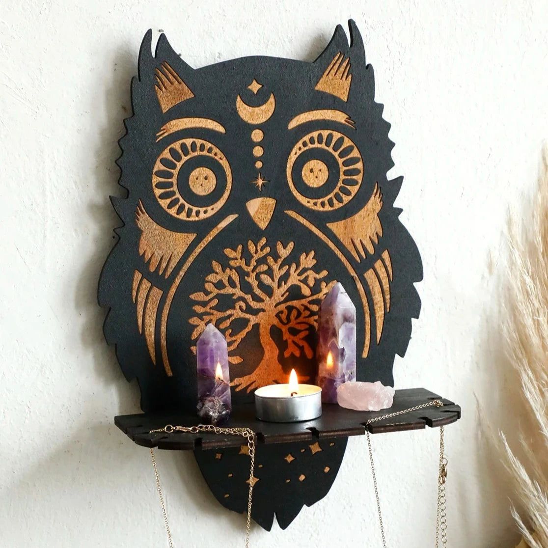 Mystic Owl Wooden Crystal Shelf Witchy Crystal Display Shelf - Spiritual Altar Holder for Crystals, Candles, Jewelry-MoonChildWorld