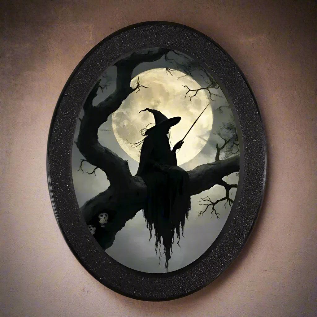 Witch Silhouette Halloween Wall Art - Moon Witch Wooden Oval Frame - Gothic Wall Decoration-MoonChildWorld