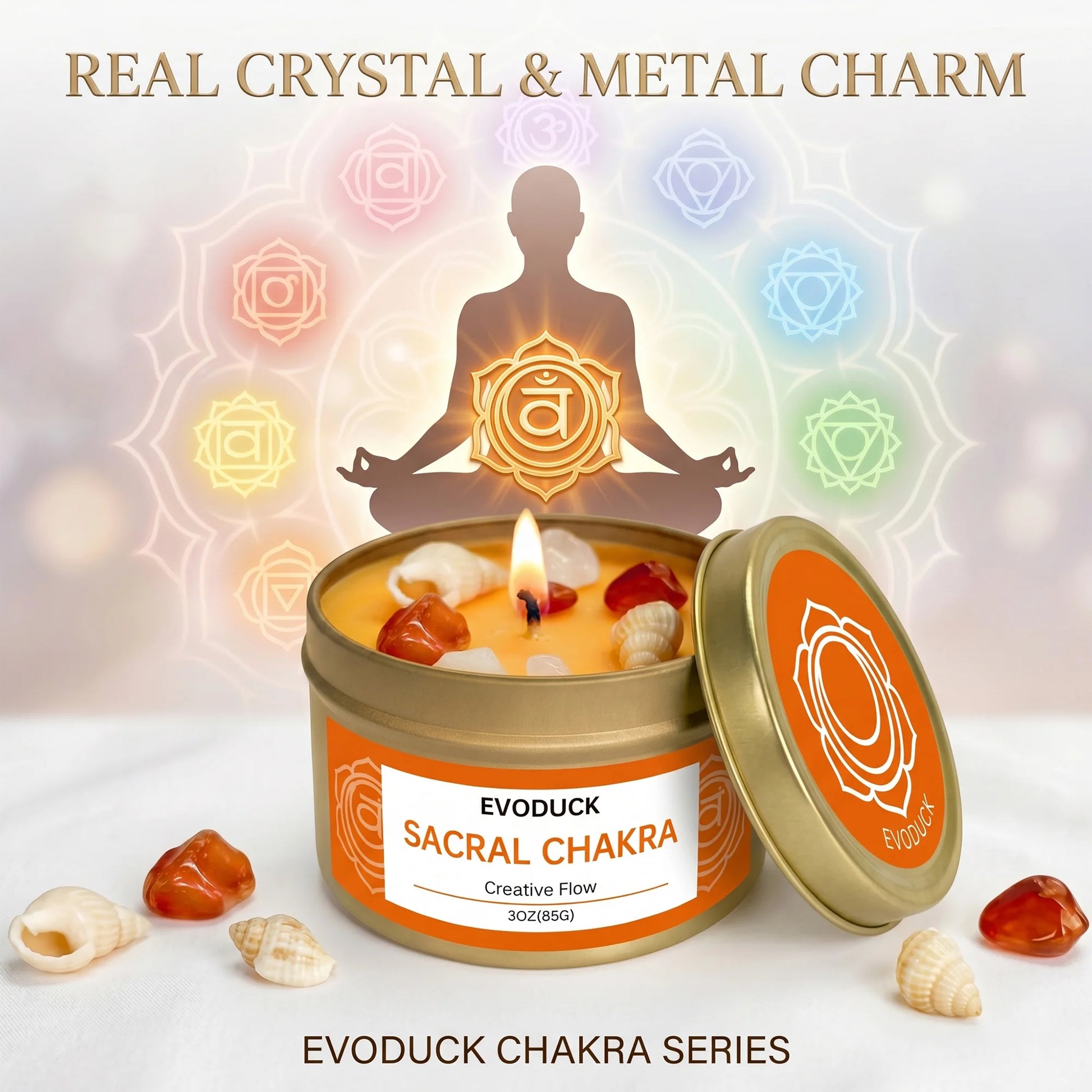Sacral Chakra candle with real crystal and metal charm, chakra meditation graphic