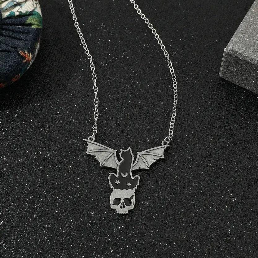 Gothic Black Cat Necklace Bat Horror Skull Witch Necklace Punk Witchcraft Jewelry-MoonChildWorld