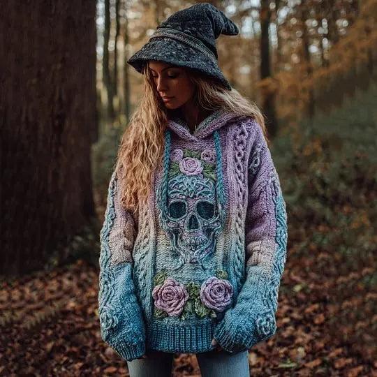 Gothic Halloween Oversized Sweaters Horror Skull Sweater O Neck Hooded Pullover-MoonChildWorld